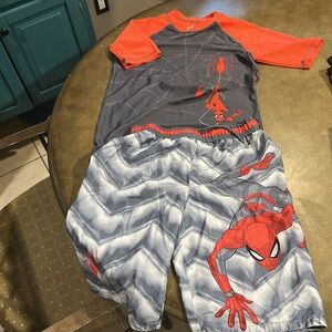3 pc Marvel Gray & Red spider man swimsuit  Lg  and tie dye swim trunks  XL (14)